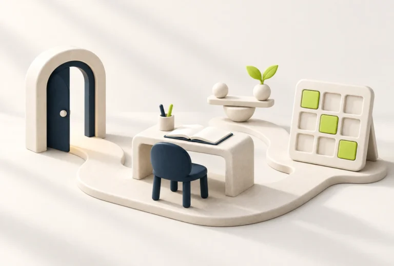 Mesa, caderno, porta e calendário em cerâmica, representando divulgação e organização da clínica.