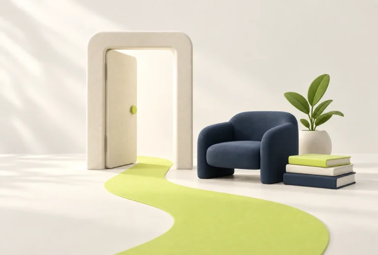 Porta, cadeira e livros, representando uma apresentação profissional clara sem depoimentos.