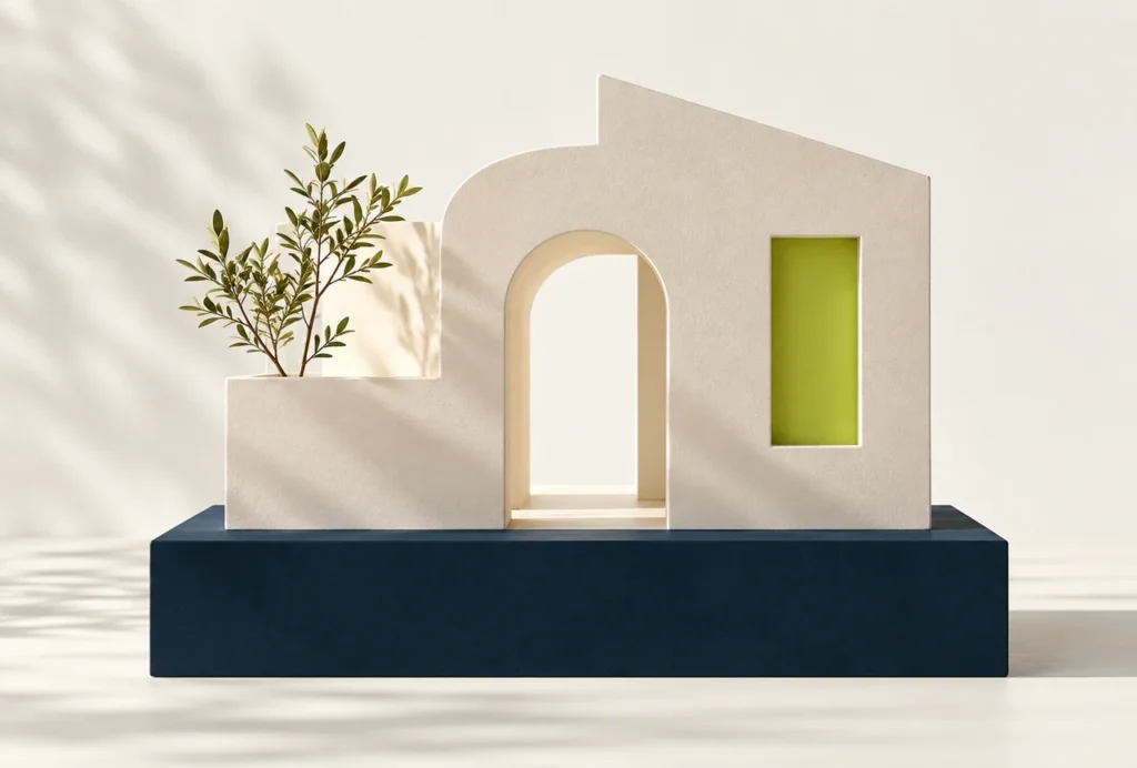 Fachada clara sobre uma base azul-marinho, ilustração de uma presença digital organizada.